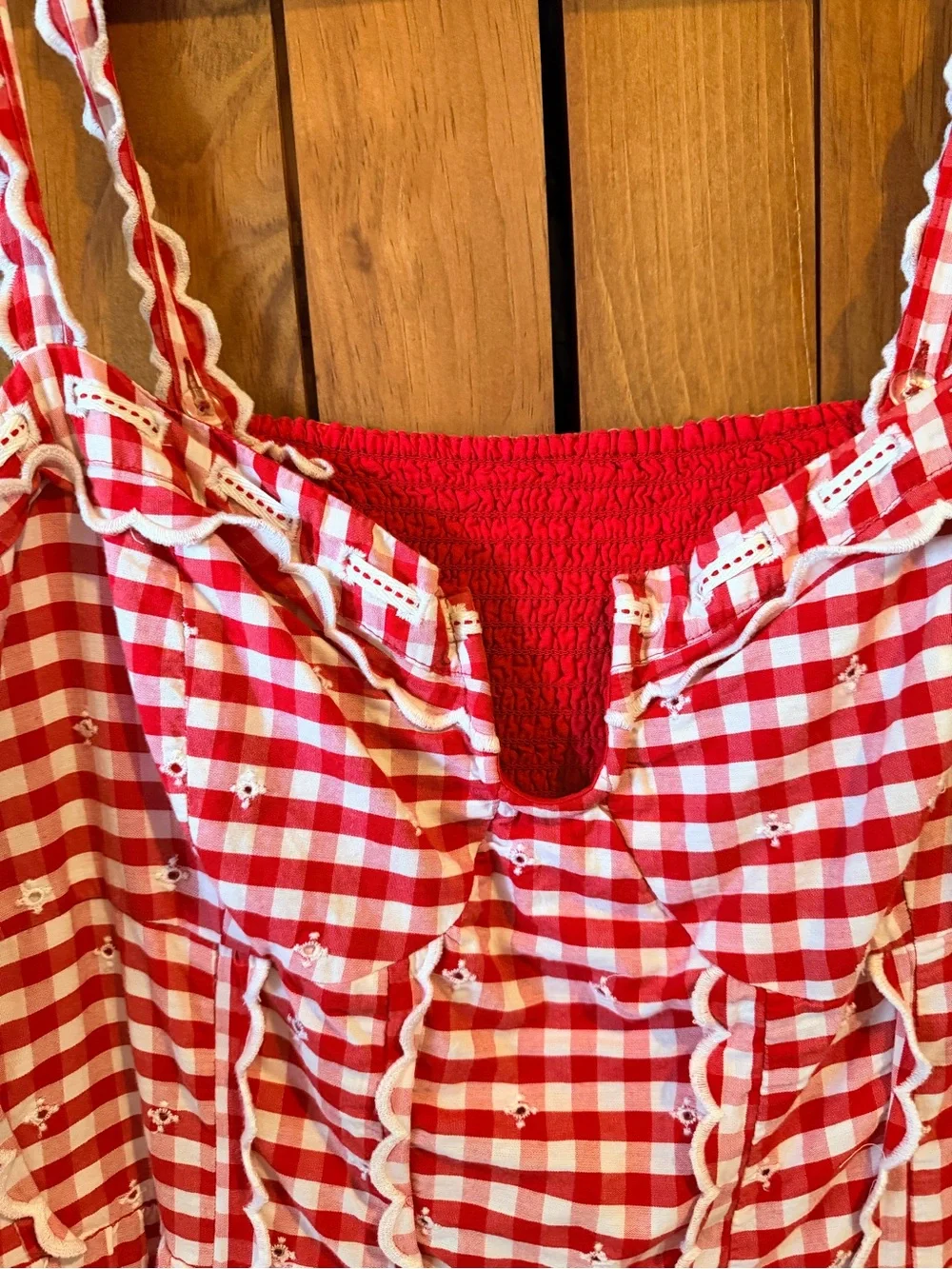 Anthropologie Red Gingham Smocked Dress with Ruffle Trim - Picture 3 of 8